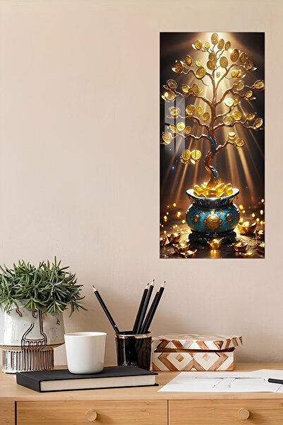 kutuTR Altın Para Ağacı Temalı Temperli Cam Dik Tablo 30x60 cm Ebadında UV Ba...