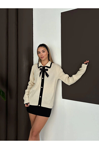 Lusin Women's Ecru Stylish Bow and Pearl Button Detailed Knitwear Blouse