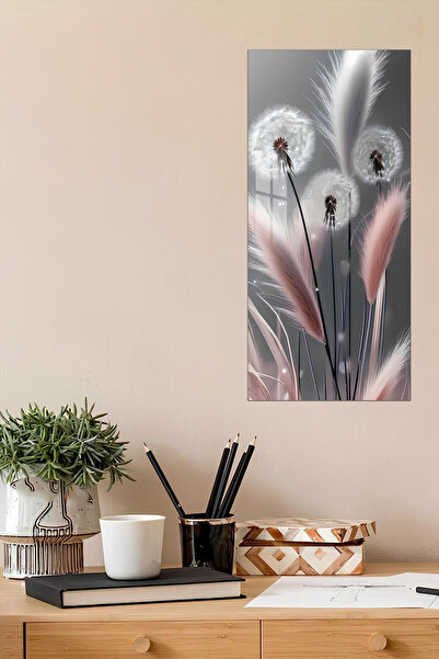 kutuTR Gri ve Pudra Pampas ve Karahindiba Temalı Temperli Cam Dik Tablo 30x60...