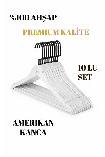 Faravis Atelier Beyaz Siyah Ceviz Ahşap Lüks Askı Kıyafet Elbise Gömlek Ve Pantolon Askısı Amerikan Kanca 10 Adet