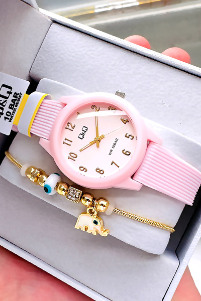 Q&Q 10 Atm Water Resistant Quartz Women's Wristwatch Pink Color Silicone Band - Gift Bracelet Qqb2001C2