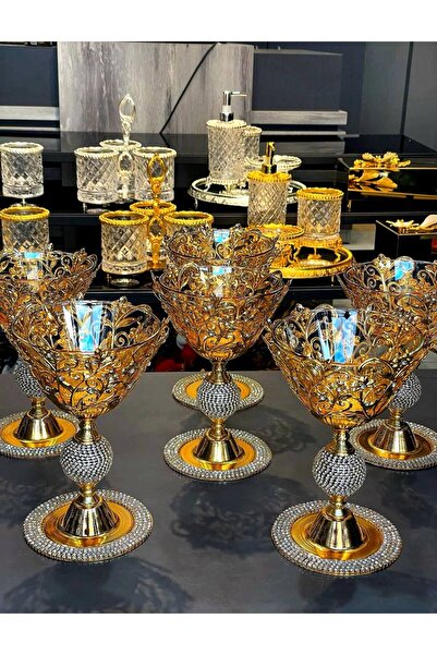 Niyara home 6-Piece Luxury Crystal Stone Gold Metal Leg Glass Ice Cream Bowl & Bowl Set