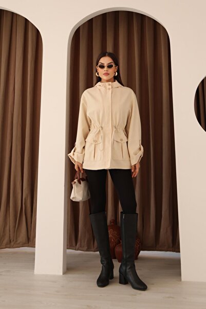 Hazel Kadın Taş Kapüşonlu Katlama Kol Detaylı Trençkot