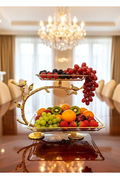 Niyara home Kuşlu Dal Detaylı 2 Katlı Lüks Cam & Metal Servis ve Meyvelik