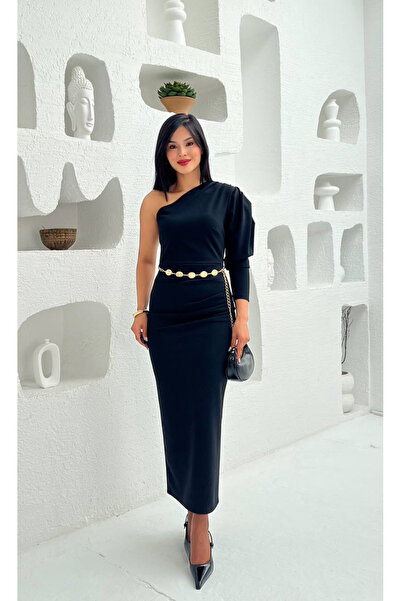 Afiş Butik Black Women's One Sleeve Waist Chain Detailed Design Long Dress