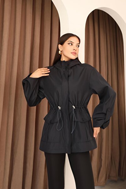 Hazel Kadın Lacivert Kapüşonlu Katlama Kol Detaylı Trençkot