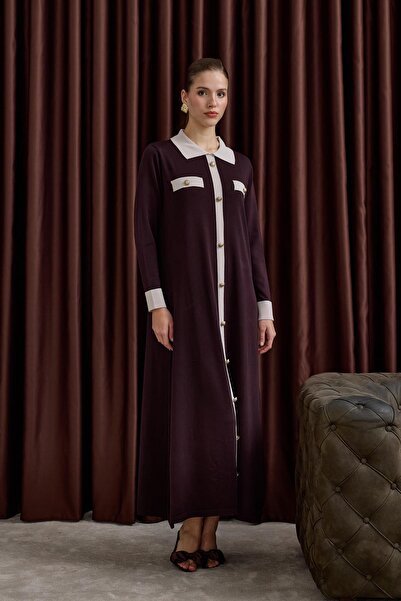 Hilay Amanda Deri Kemerli Çift Renk Triko Elbise KAHVERENGİ