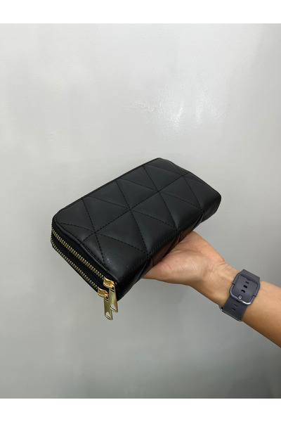 shiny ever Large Size Women's Double Zippered Leather Handbag Wallet with Phone Compartment Black with Gold Detail