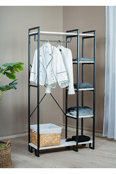 Uyan Ev Ürünleri Açık Gardırop Metal Gövdeli Traverten Ahşap Raflı Elbise Ask...