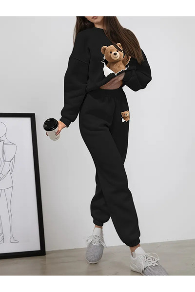 darkopia Unisex Men's and Women's Ripped Bear Printed 3 Thread Crew Neck Tracksuit Set