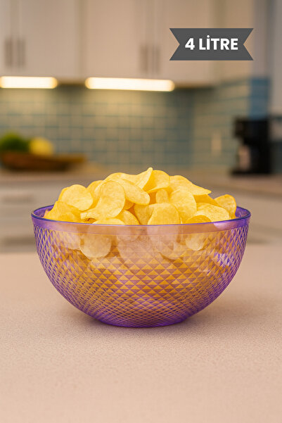 Melkan Home 4 Liter Transparent Purple Presentation Bowl – Bpa-Free, Multi-Purpose, Large Bowl with Aesthetic Pattern 24.9X12.4 cm