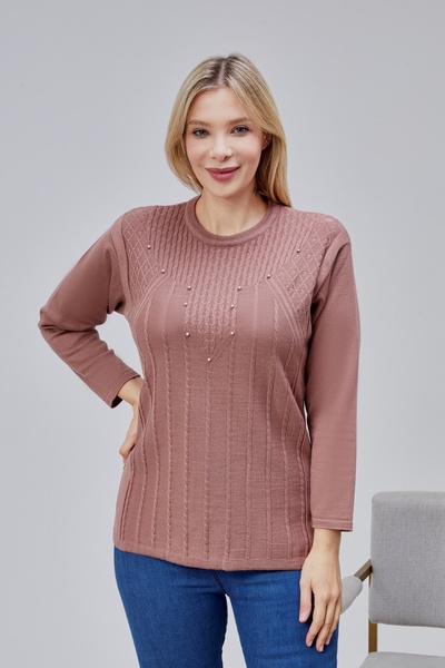 Jinx Wear Fashion Kadın Triko Yan Yırtmaç İnci Detay Kışlık Orta Yaş Günlük A...