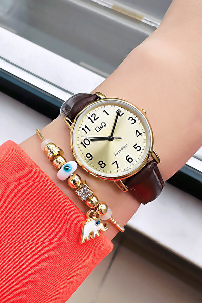 Q&Q 3 Atm Water Resistant Quartz Women's Wristwatch Brown Leather Band - Gift Bracelet Qqb2001C4