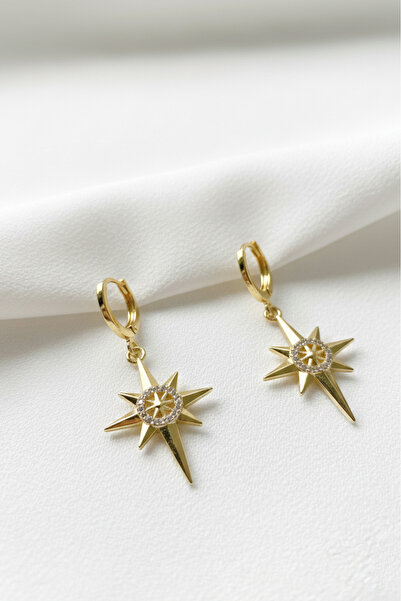 özgül takı ve tasarım Paslanmaz Çelik Altın Renk Zirkon Taşlı Kuzey Yıldızı Kadın Küpe