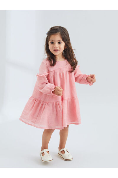 LC Waikiki Pink Crew Neck Ruffle Detail Baby Girl Dress