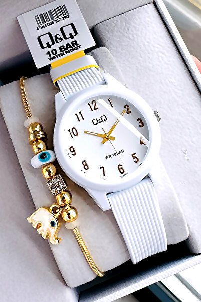 Q&Q 10 Atm Water Resistant Quartz Women's Wristwatch White Color Silicone Band - Gift Bracelet Qqb2001C1