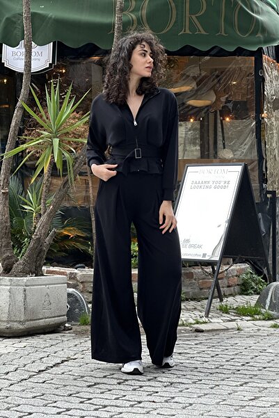 CurcunaShop Kadın Belden Oturtmalı Kemerli Hırka Bol Paça Pileli Eşofman Takım