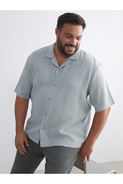 LC Waikiki Yeşil Büyük Beden Resort Yaka Kısa Kollu Müslin Erkek Gömlek