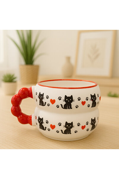 İZart Bead Handle Heart with Layers and Cat Pattern Completely Handmade Ceramic Mug