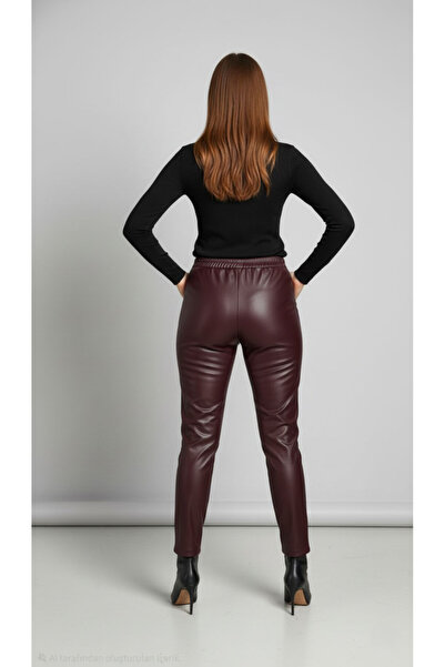 SUHIS Women's Burgundy Faux Leather Trousers