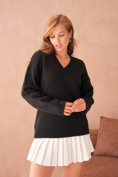 Noi Belis supradimensionat Pulover tricotat cu decolteu în V cu textura moale AW25KZ0069