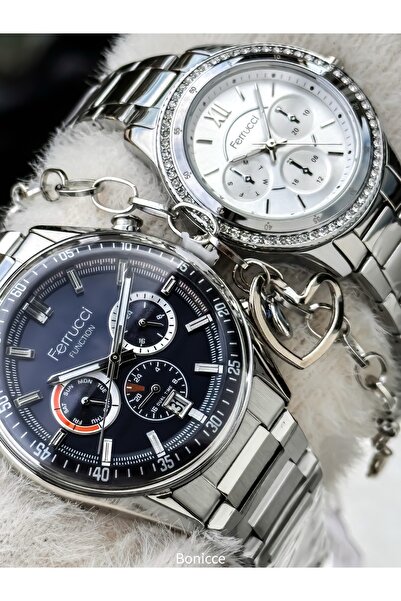 Ferrucci Couple Watches, Navy Blue Silver Color Steel Band, Gift in Separate Boxes with Bracelet Gift