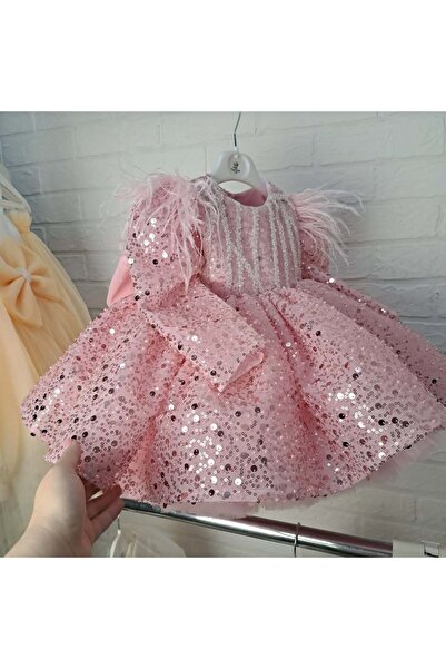 Rabias Design Pembe Rüyası: Tüy Omuzlu Pullu ve Payetli Lüks Kız Çocuk Abiye Elbisesi