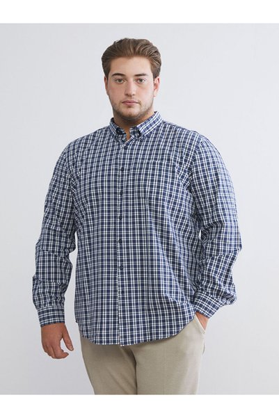 LC Waikiki Mg Trenden Navy Blue Regular Fit Long Sleeve Plaid Poplin Men's Shirt