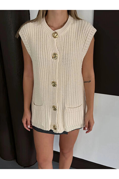 Lusin Women's Cream Gold Button and Pocket Detailed Sleeveless Knitwear Cardigan