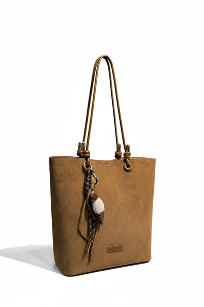 KRISTE BELL Genuine Suede Leather Shoulder Bag with Shiny Back Surface and Charm Detail - Tan