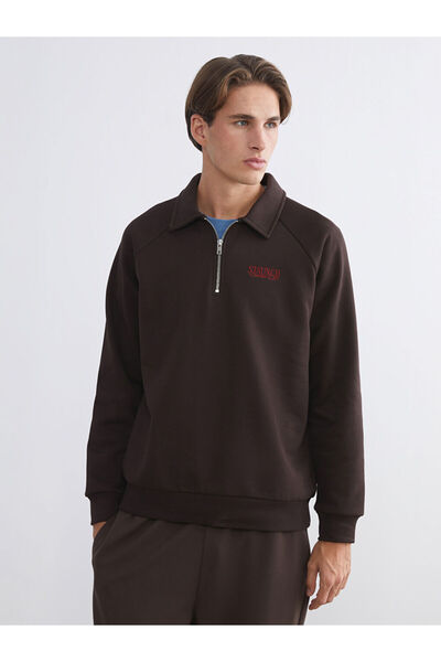 LC Waikiki Brown Polo Collar Men's Thick Sweatshirt