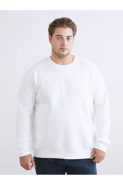 LC Waikiki Ανδρικό χοντρό φούτερ Ecru Plus Size Crew Neck με τύπωμα