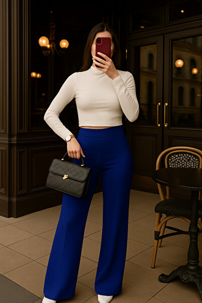 STYLENEST Women's Cotton Knitted Soft Elastic Waist Blue Trousers