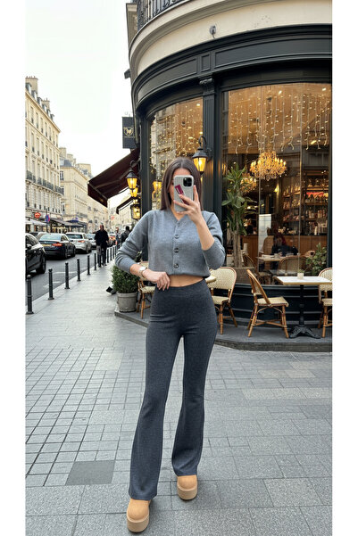 STYLENEST Kadın Simli Beli Lastikli İspanyol Paça Gri Tayt Pantolon