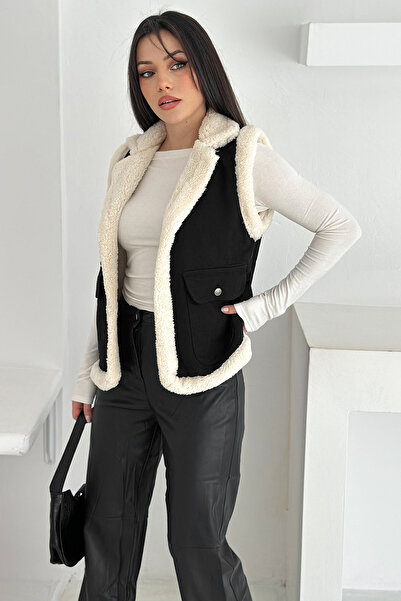 Noa Noa Women's Plush Trim Pocket Vest – Contrast Color & Winter Style