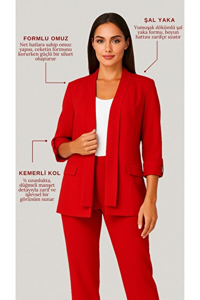 FARREN Kadın Kırmızı Şal Yaka Kuşaklı Blazer Ceket – Rahat Kalıp, Dört Mevsim Dokuma Kumaş