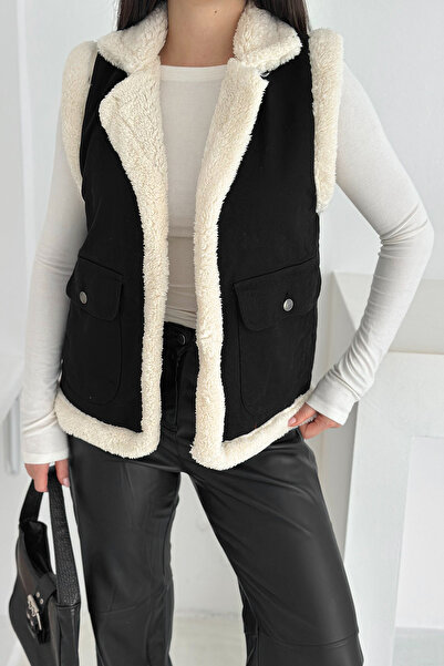 Noa Noa Women's Plush Trim Pocket Vest – Contrast Color & Winter Style