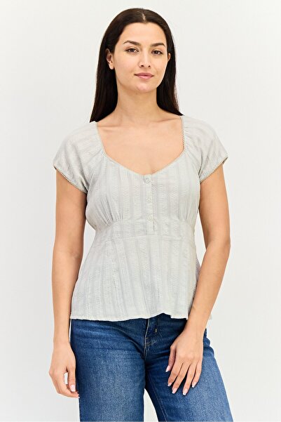 Brave Soul بلوزة نسائية بأكمام قصيرة ورقبة على شكل حرف V، رمادي فاتح