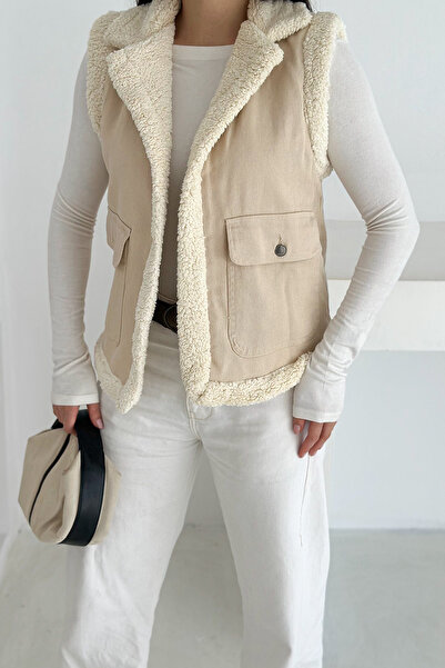 Noa Noa Women's Plush Trim Pocket Vest – Contrast Color & Winter Style