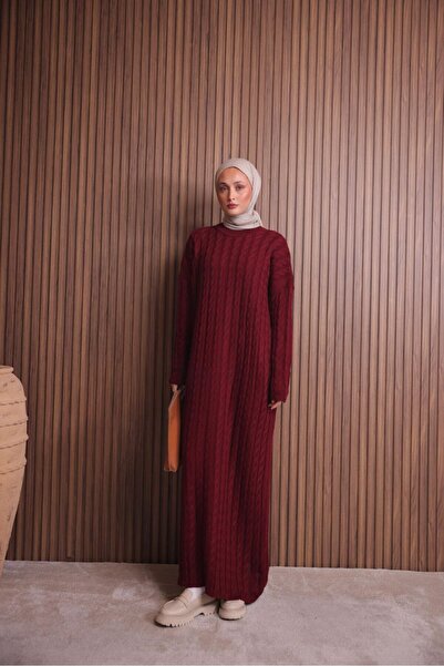 PALMİYE GİYİM Örgü Desenli Tesettür Uzun Triko Elbise-Bordo