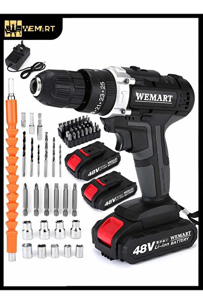 Wemart 48V Variable Speed Drive Drill, 25+3 Clutch, 2 Li-Ion Batteries, 3/8" Keyless Metal Chuck, LE