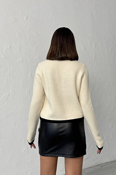 Lusin Women's Ecru Lace-Up Stylish Pocket Detail Elegant Knit Cardigan