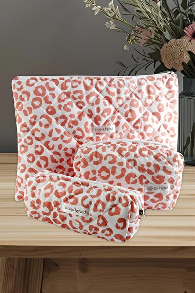 Ronanna حقيبة كمبيوتر محمول ذات نمط الفهد ومكياج قلمي