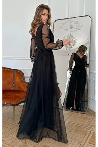 JANES Γυναικείο μακρυμάνικο φόρεμα διπλό πέτο με λαιμόκοψη και ζώνη στη μέση από τούλι μακρύ εισαγόμενο κρεπ