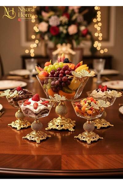 Niyara home Luks Glass Set Fruit Bowl 6 Pieces Ice Cream Metal Glass with Stone