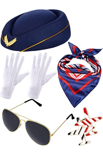 NALACAL Stewardess Outfits, 6-Piece Women's Flight Attendant Costume Accessories (Hat, Sunglasses, S