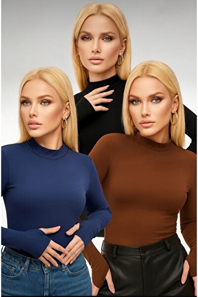 bykombincim %100 VİSKON KUMAŞ Kadın Parmak Detaylı Body 3'LÜ SİYAH-KAHVE-LACİ KOMBİN her gün farklı tarz