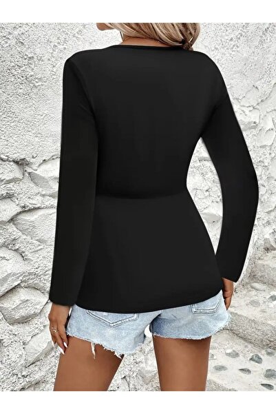 JANES Bluză de damă cu mâneci lungi, decoltată, cu detalii înfășurate, din vi...