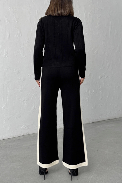 Lusin Women's Black Stylish Collar Detailed Buttoned Blouse Pants Bottom Top Two-Piece Knitwear Set