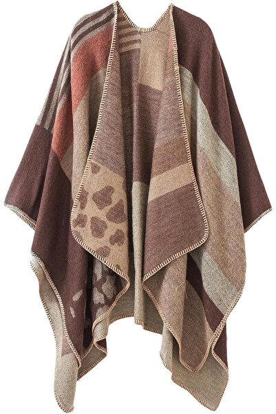 KASTWAVE Women's Shawl Wraps Open Front Poncho Cape Oversized Sweater Cardigan - Leopard Khaki